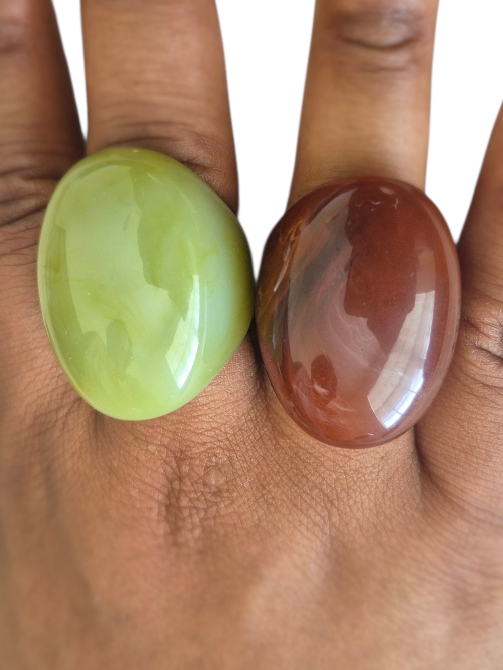 Set Of 2 Green and Brown Resin Dome Statement Rings - Women Jewelry